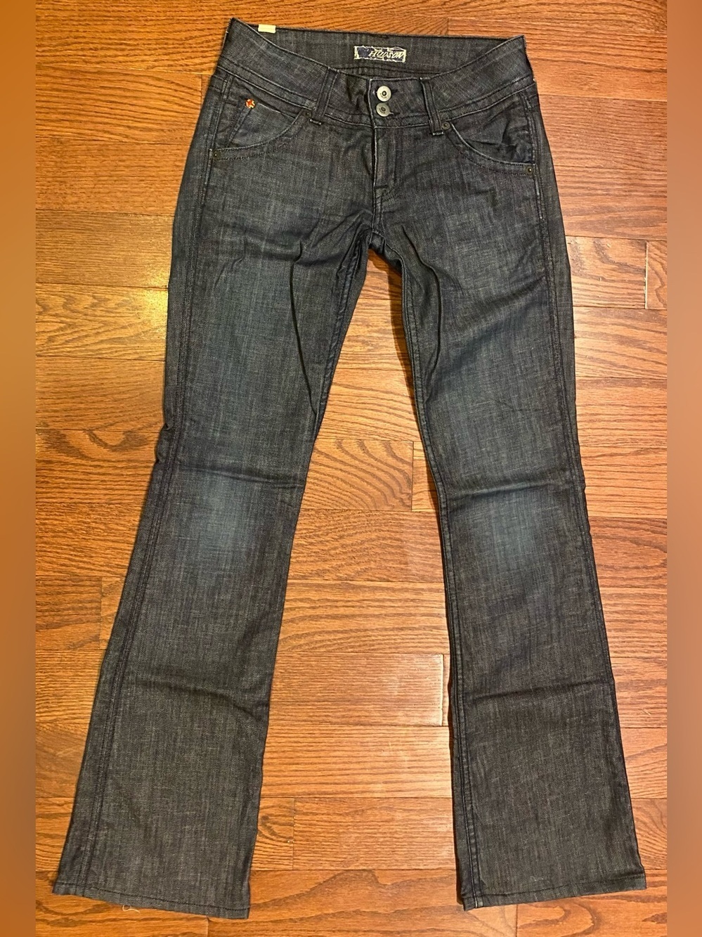 Hudson Jeans Sz 2S Dark Indigo Blue Boot Cut 5 Pockets Flap On Back Stretch USA